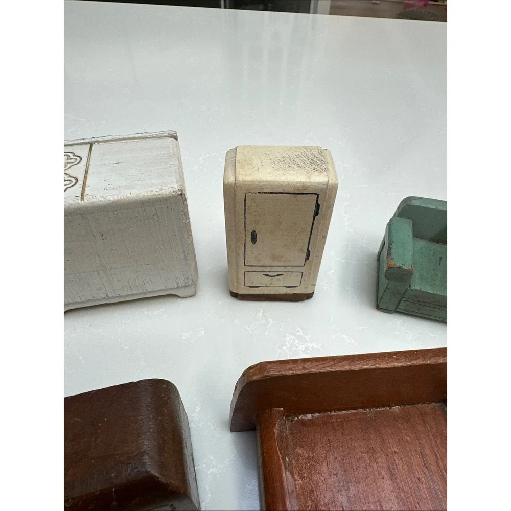 Vintage 1930s 40s Kage Wood Dollhouse Furniture 10pc Set Kitchen Bedroom‎ Living